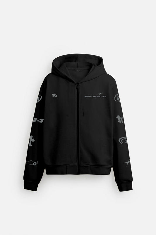 Imperial Printed Black Oversized Zipper Hoodie Main Character