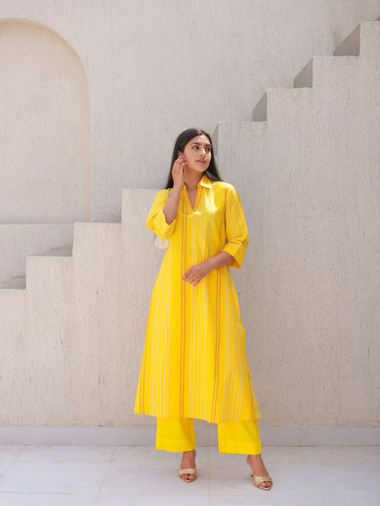 Yellow Pinstriped Cotton Kurta Set