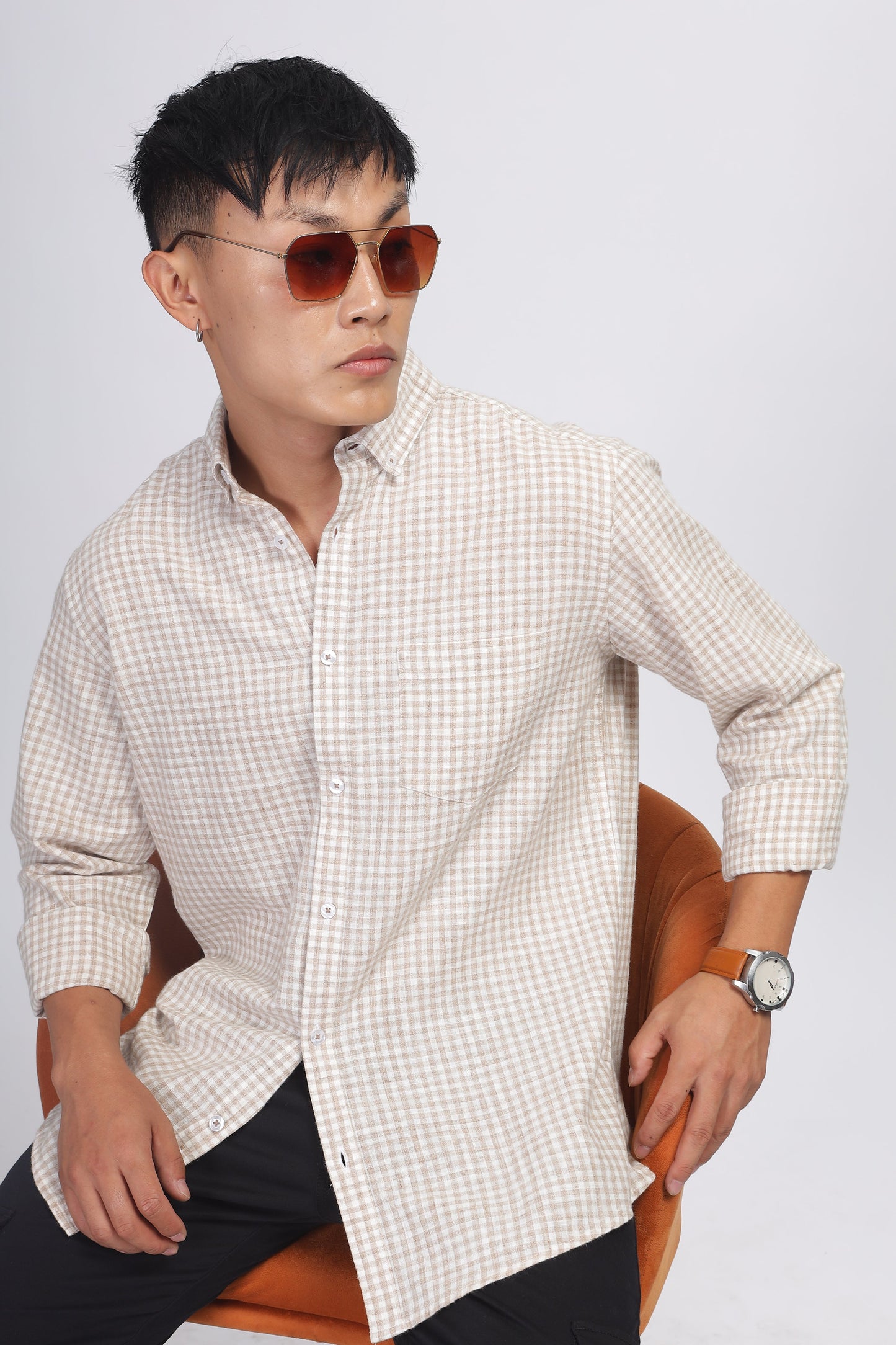 Uri Light Brown Gingham Check Cotton Shirt Uri