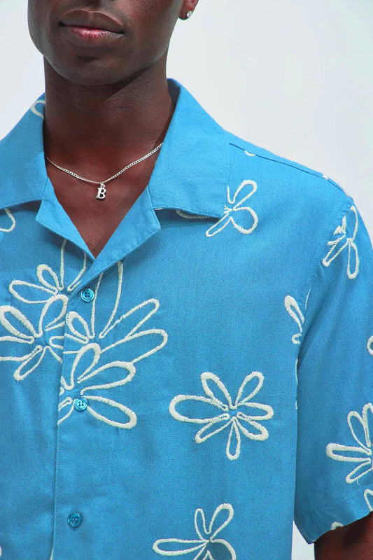 Men's Box-Fit Floral Embroidered Linen Ocean Blue Shirt Vellure