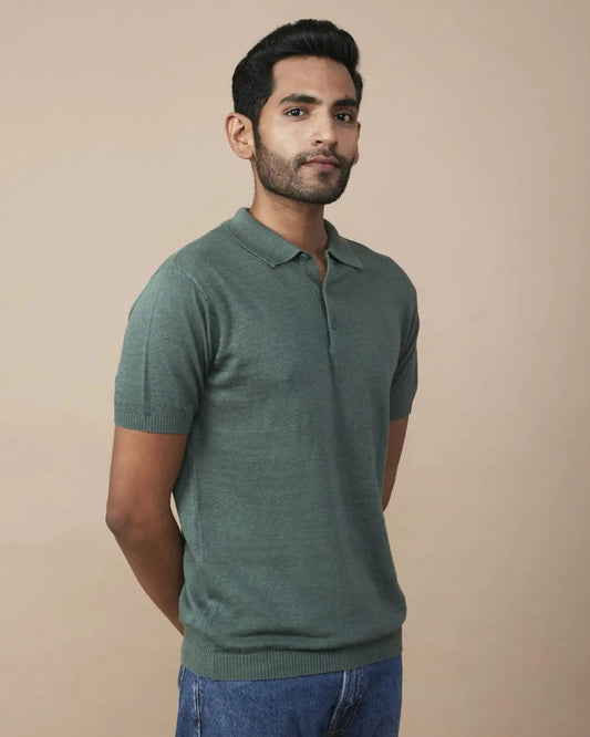 Green Linen-Blend Flatknit Polo SIC