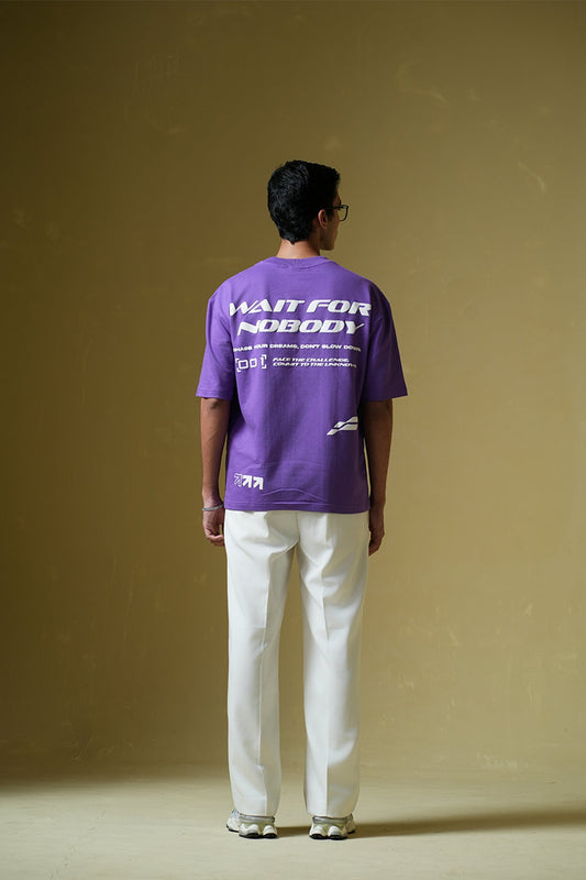 Wait For Nobody Printed Purple Oversized T-Shirt Main Character
