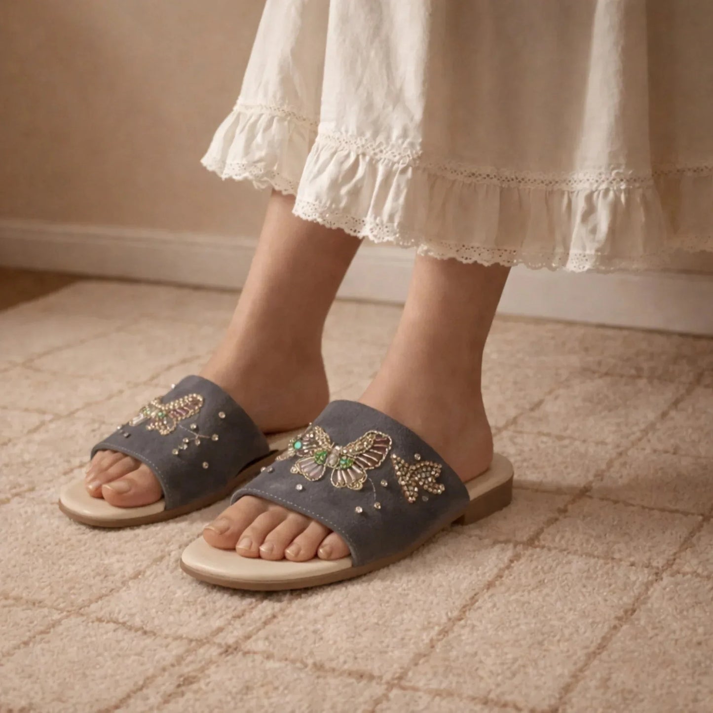The Starlit Butterfly Grey Embellished Flats Rettrose
