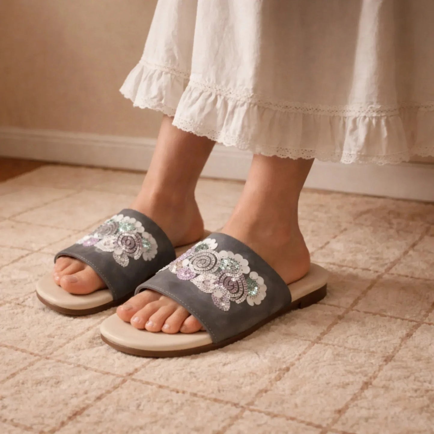 The Fleur Dusk Floral Grey Embellished Flats Rettrose