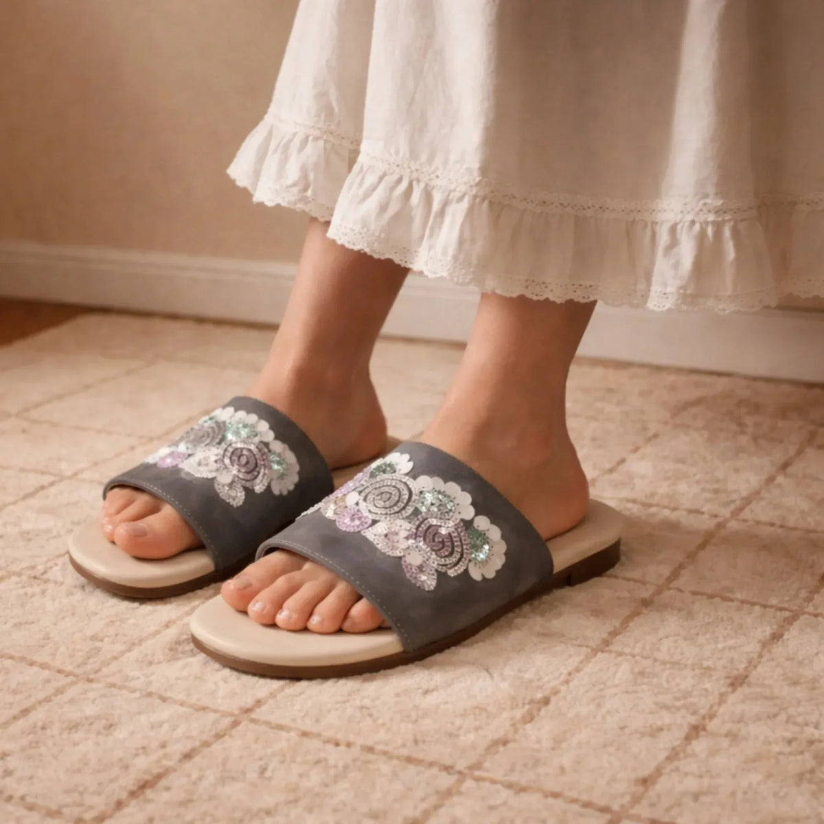 The Fleur Dusk Floral Grey Embellished Flats Rettrose
