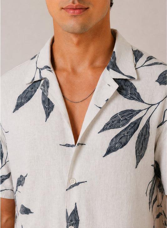 Adro Men’s Relaxed Fit Cuban Collar Cotton Linen Silver Fern Printed Shirt – White Grey