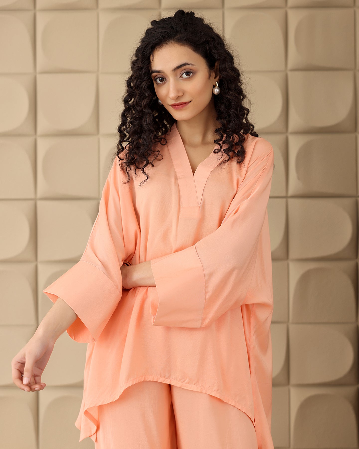 V-neck Peach Chanderi Co-ord Set