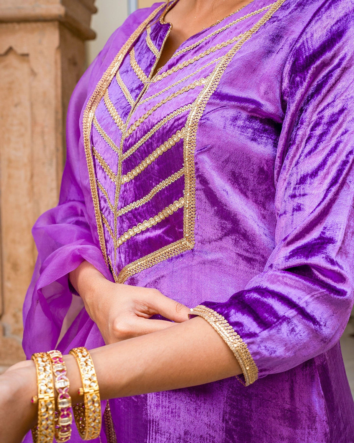 Purple Gota Velvet Suit Set
