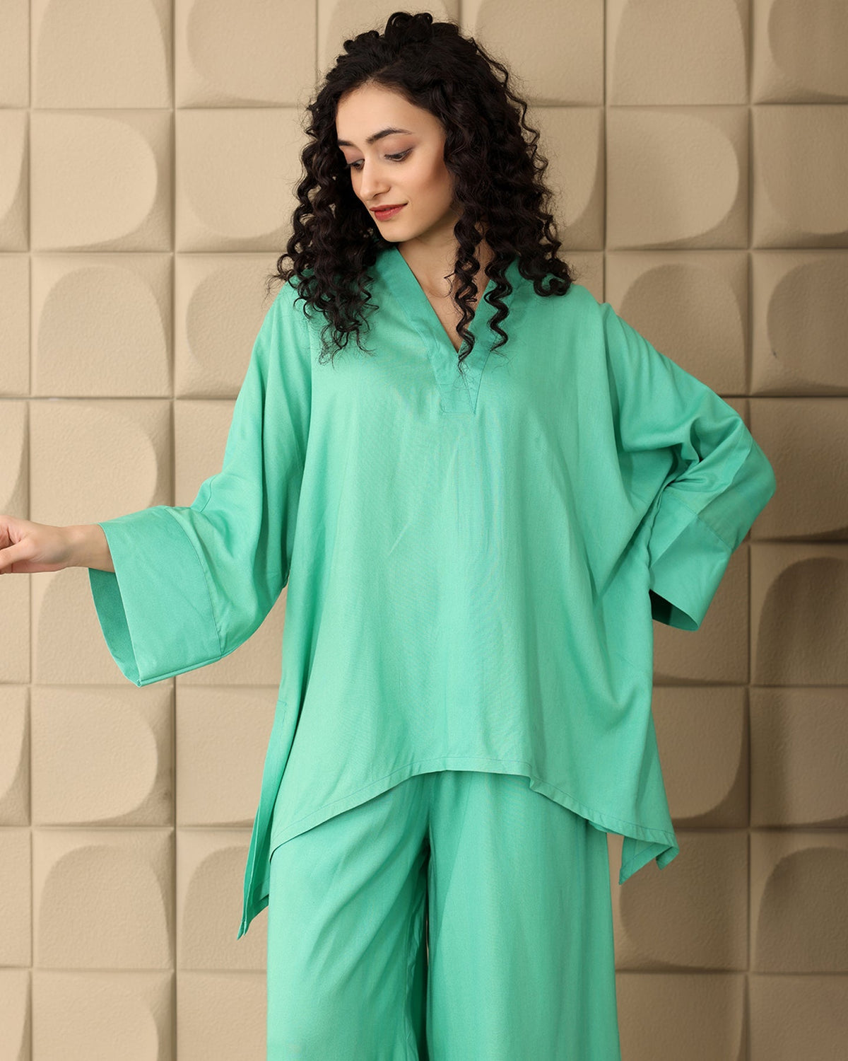 Green V-neck Rayon Co-ord Set