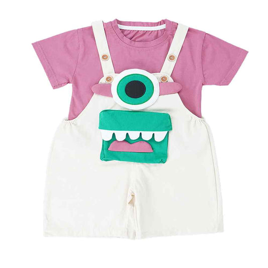 Cream One eye Monster, 2 pcs Dungaree style set for Toddlers and Kids
