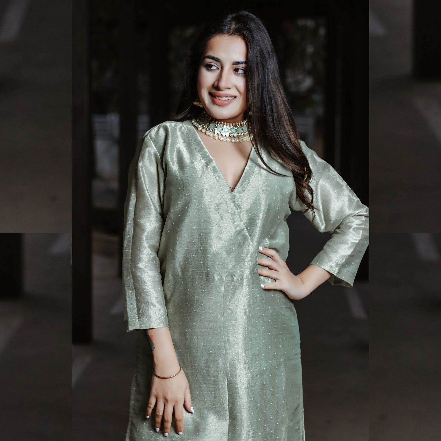 Green Tissue Kurta Set - Ambraee