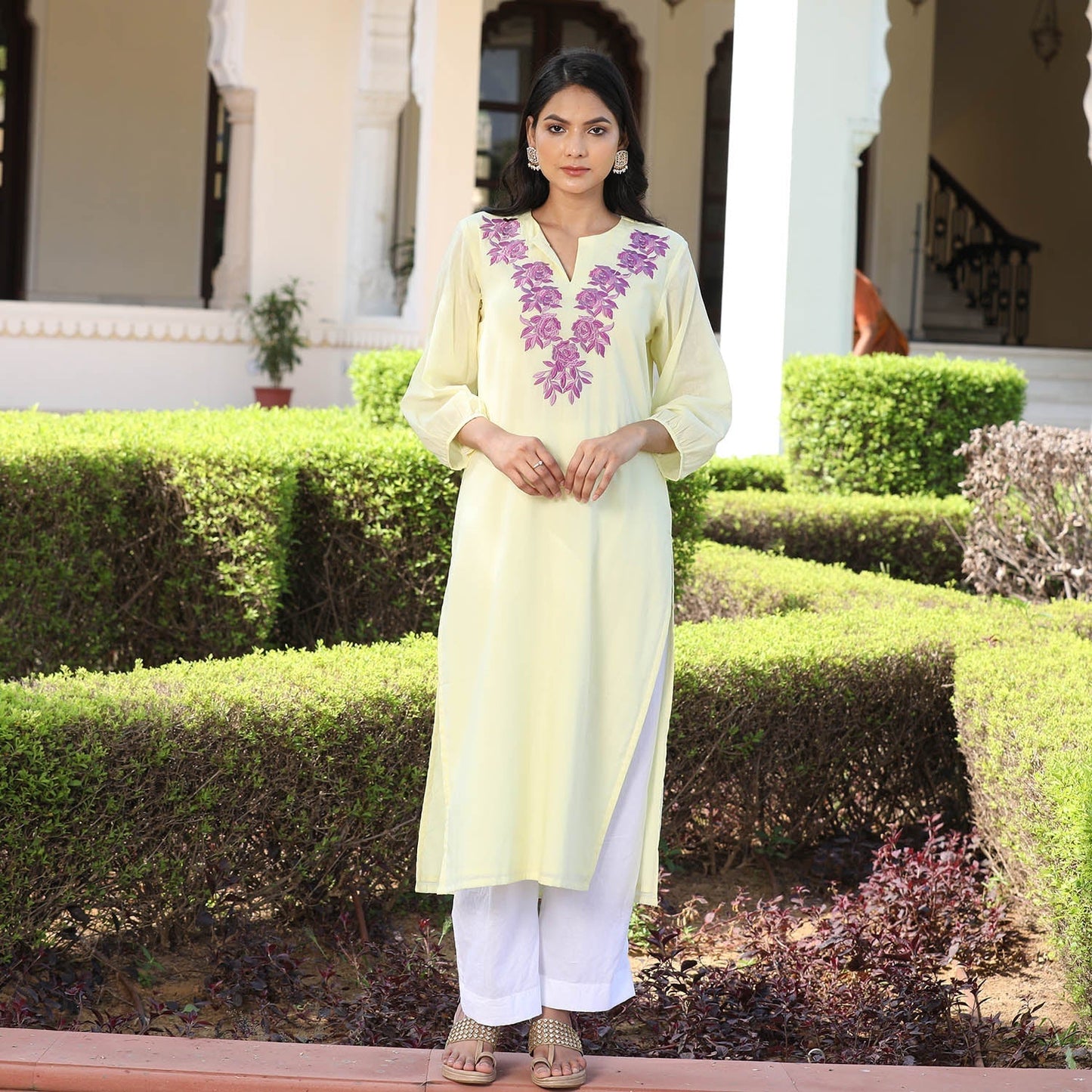Yellow Lilac Embroidered Neck