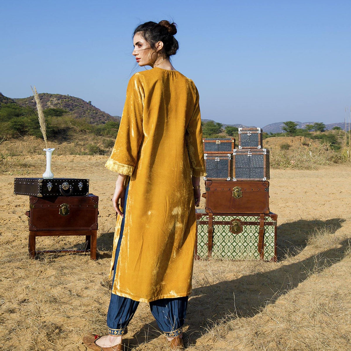 Mustard Silk Velvet Kurta Set - Ambraee