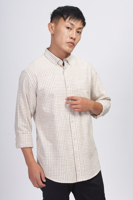 Uri Light Brown Gingham Check Cotton Shirt Uri