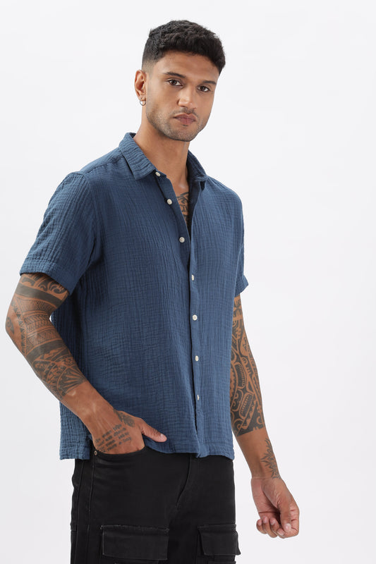 Uri Textured Boxy Fit Blue Shirt Uri