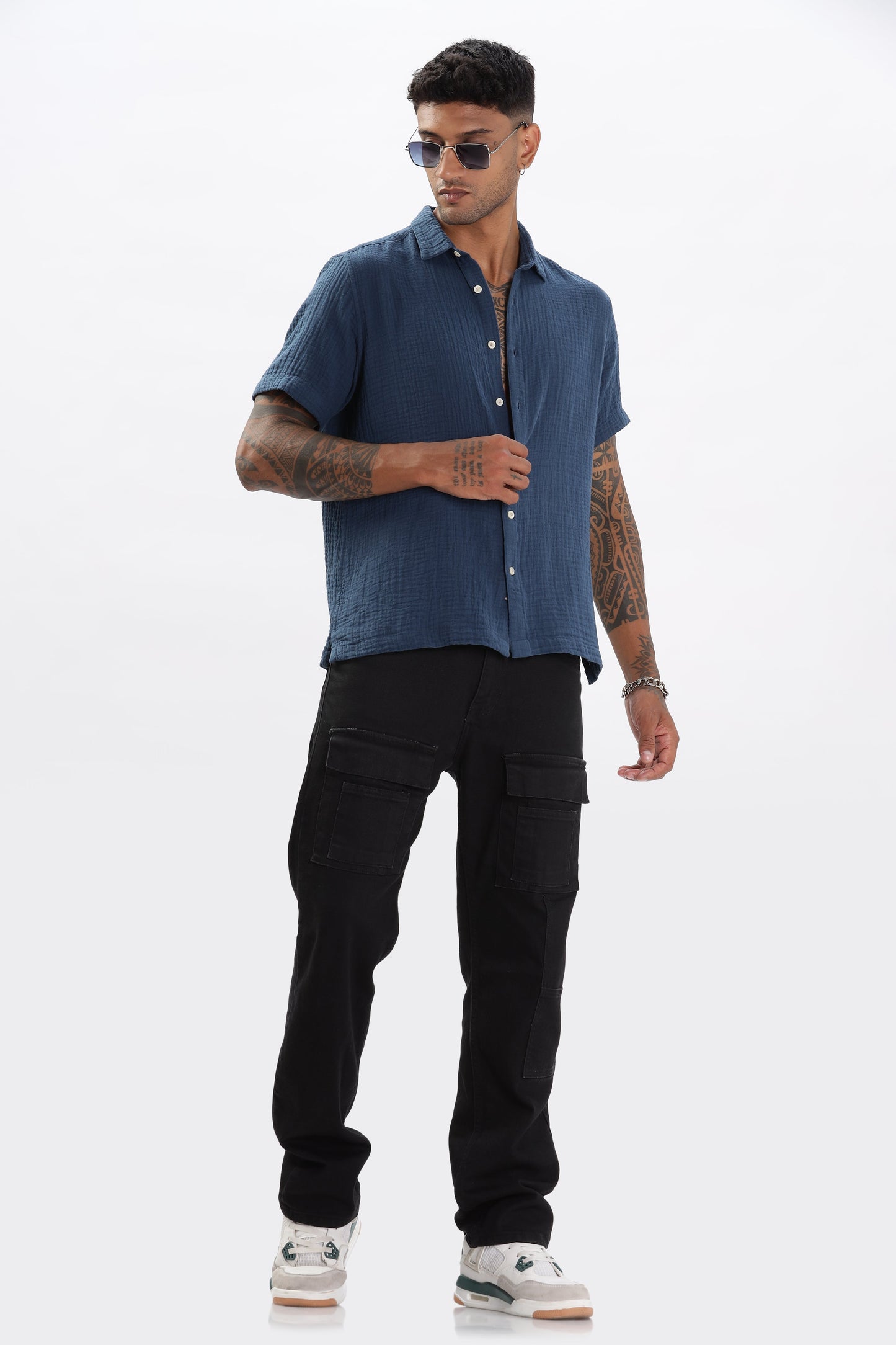 Uri Textured Boxy Fit Blue Shirt