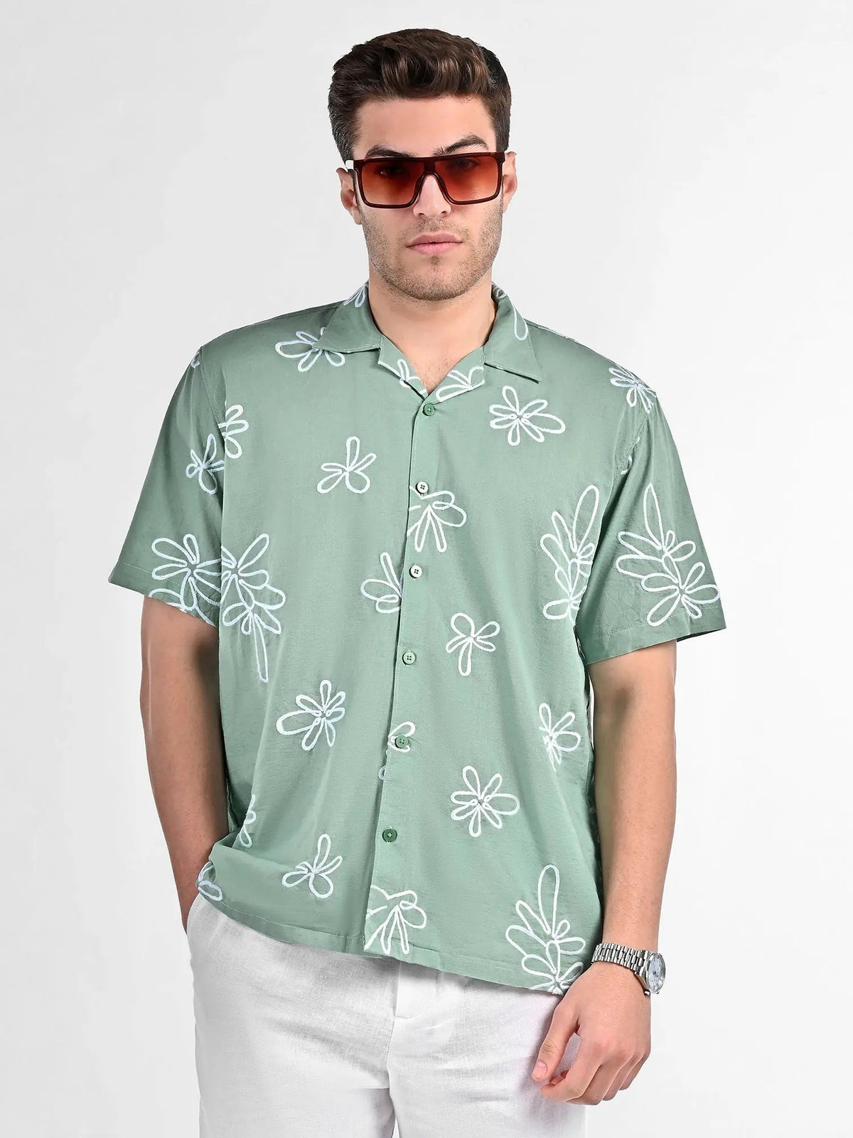 Men's Box-Fit Floral Embroidered Linen Lust Sage Shirt Vellure