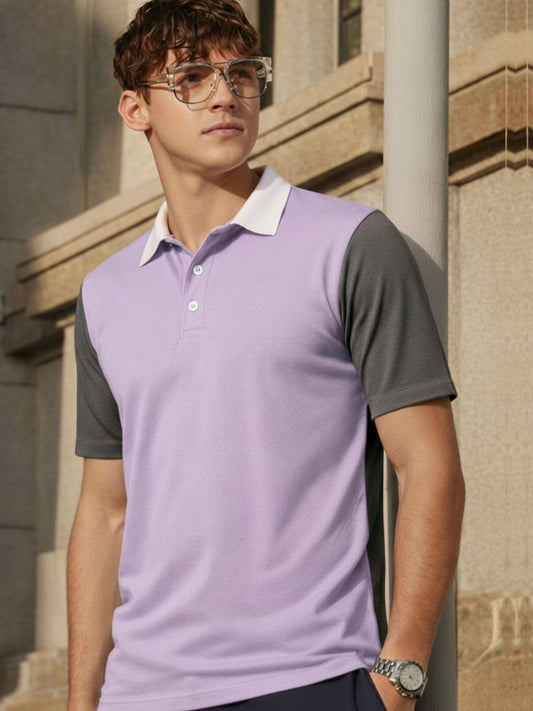 Colourblock Light Purple Polo Collar Half Sleeve Cotton T-Shirt