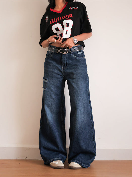 Deep Ocean Blue Ripped Ultra Wide Leg Jeans

