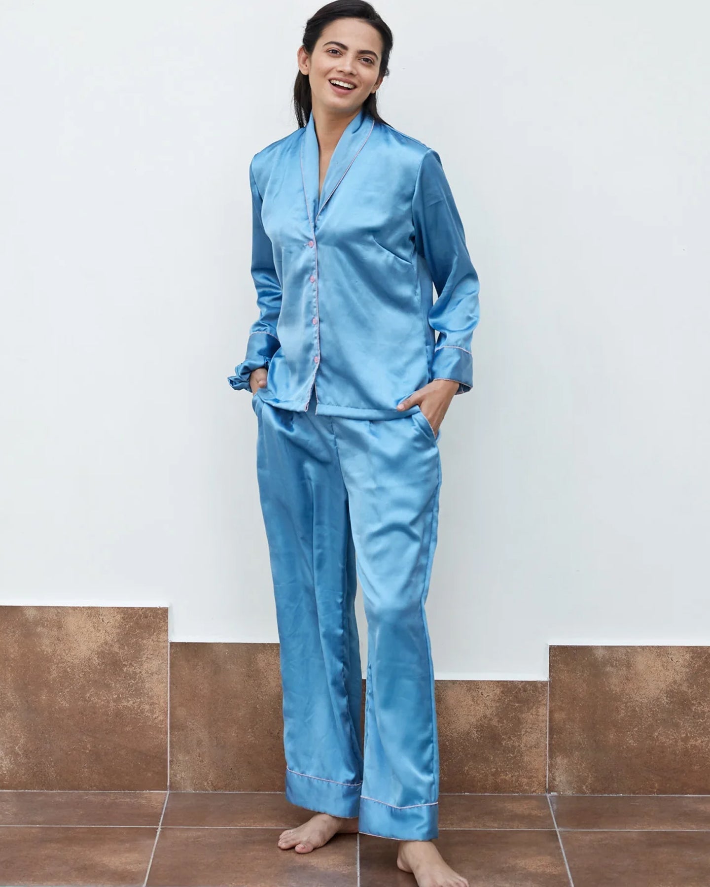 Sky Blue Satin Night Suit