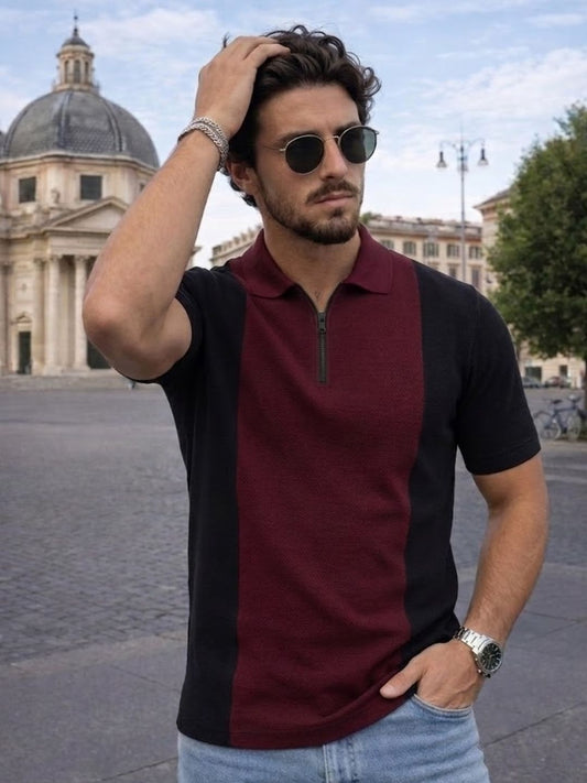 Men Wine Polo Collar Colourblocked Cotton Half Sleeve Zipper T-shirt