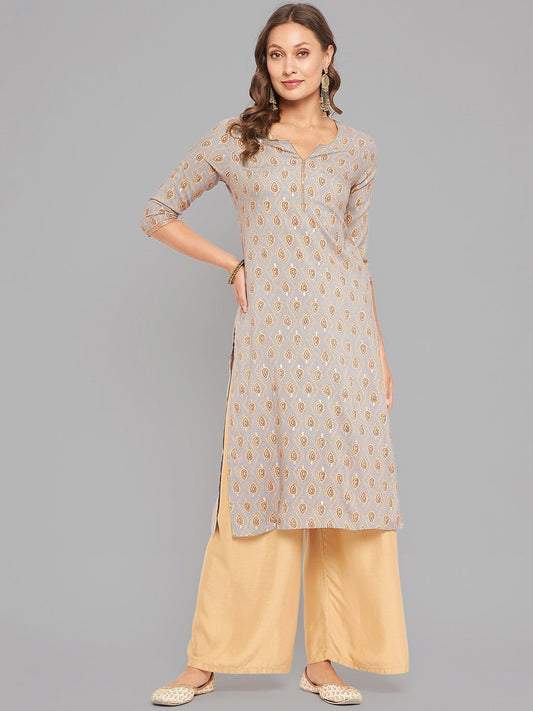 Women Grey Ethnic Motifs Printed Kurta With Piping Krya