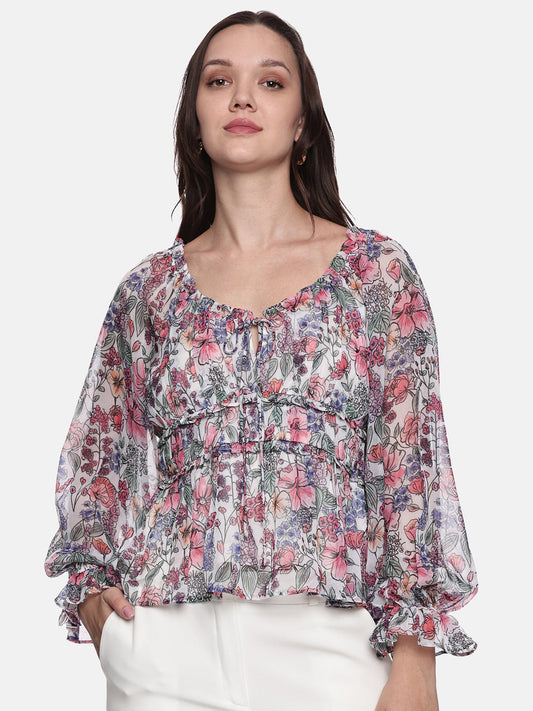 IS.U Multicolor Smocked Poet Sleeve Top