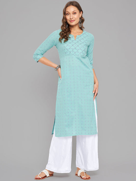 Women Sea Green Kurta With Embroidered Yoke Krya