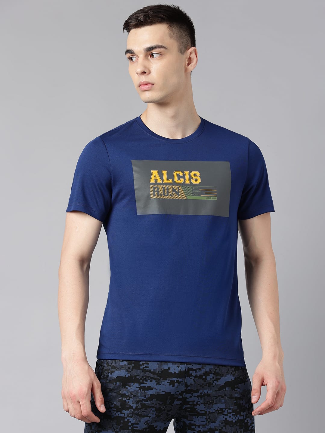 Alcis Men's Printed Navy Anti-Static Drytech+ Slim-Fit Training Tee