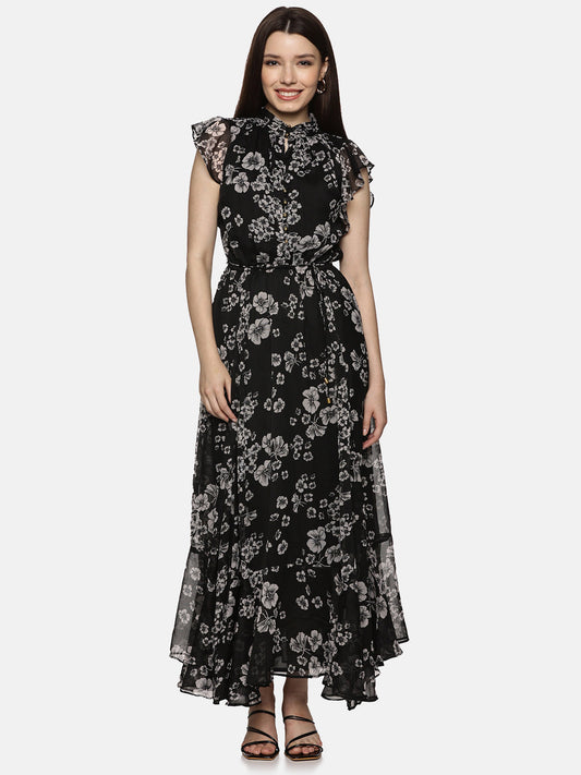 Floral Black Frilled Dress