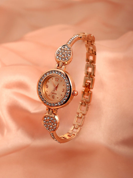 The Embellished Leaf Round Watch - Champayne Gold