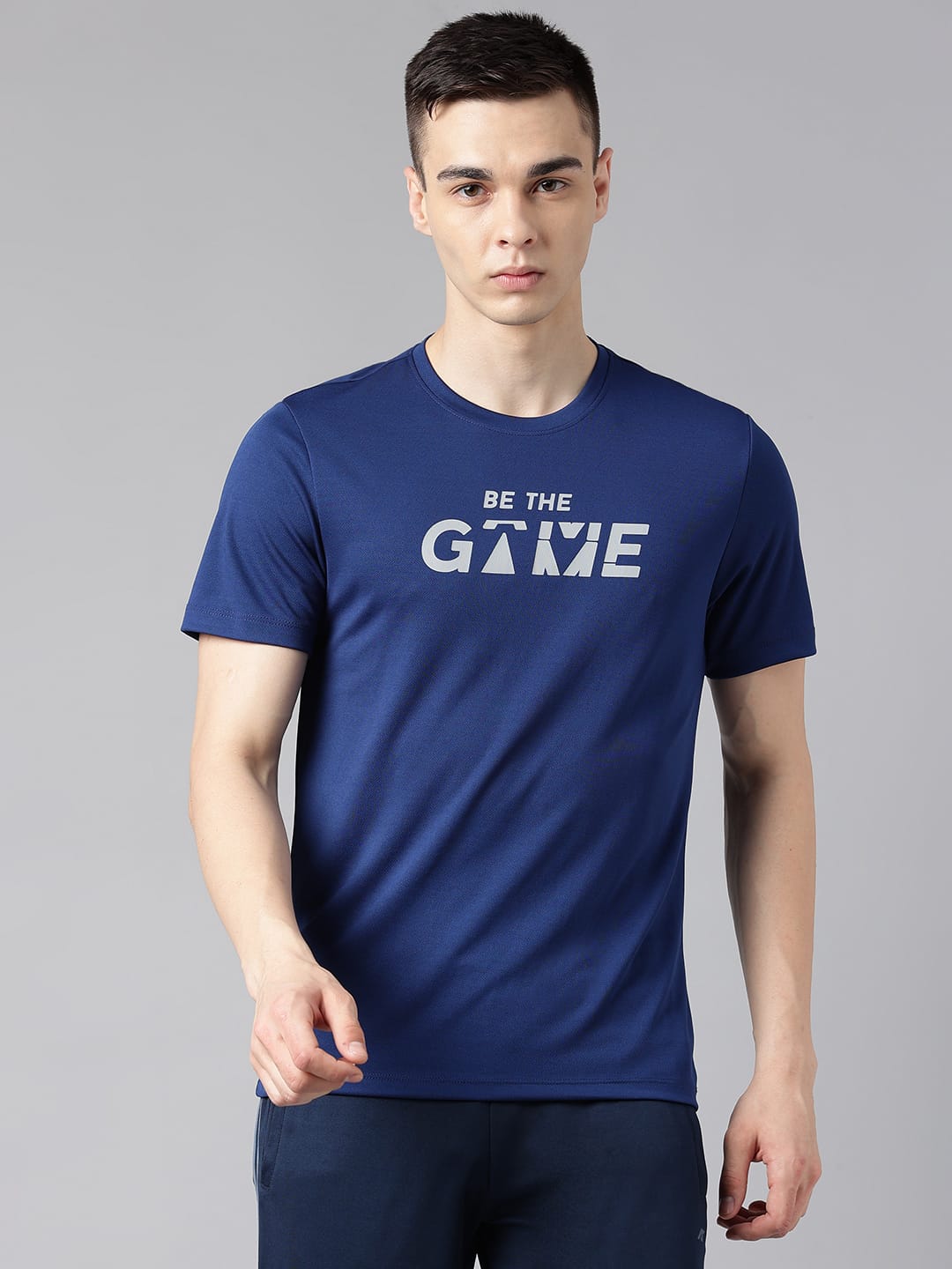 Alcis Men's Printed Navy Anti-Static Drytech+ Slim-Fit Training Tee
