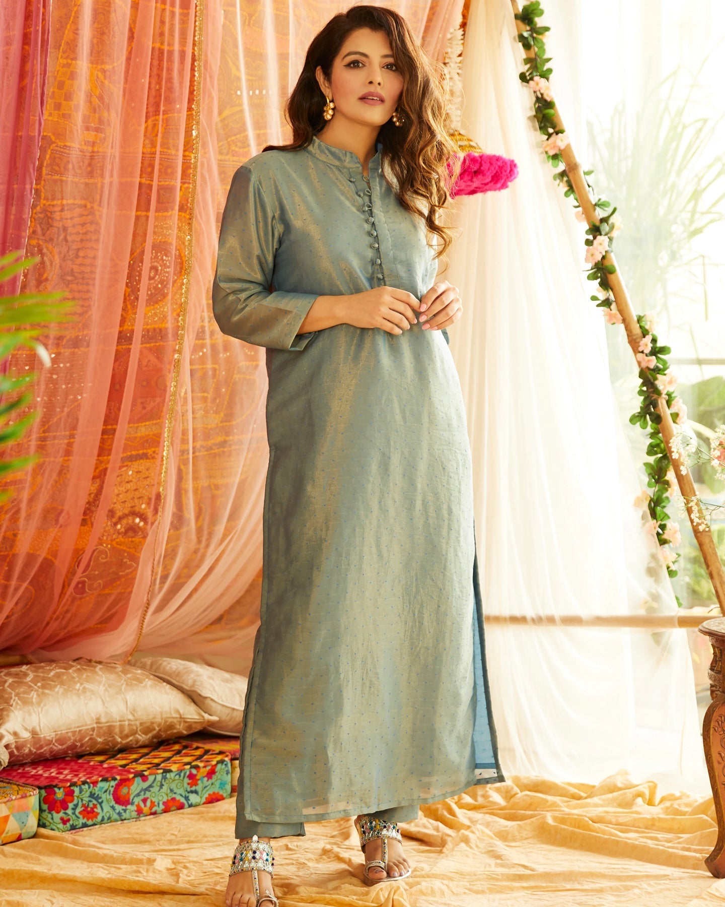 Blue Tissue Kurta Set