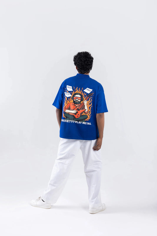 "Play Metal" Round Neck Printed Blue T-Shirt Off Sinners