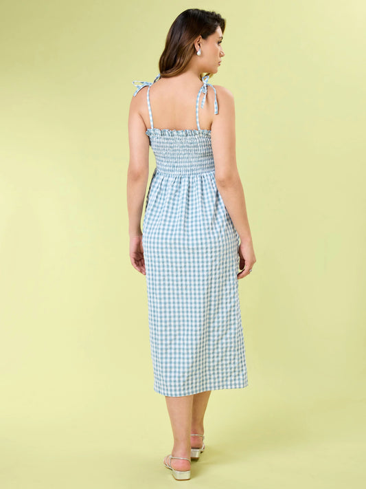 Cloud Check Sleeveless Blue Midi Dress
