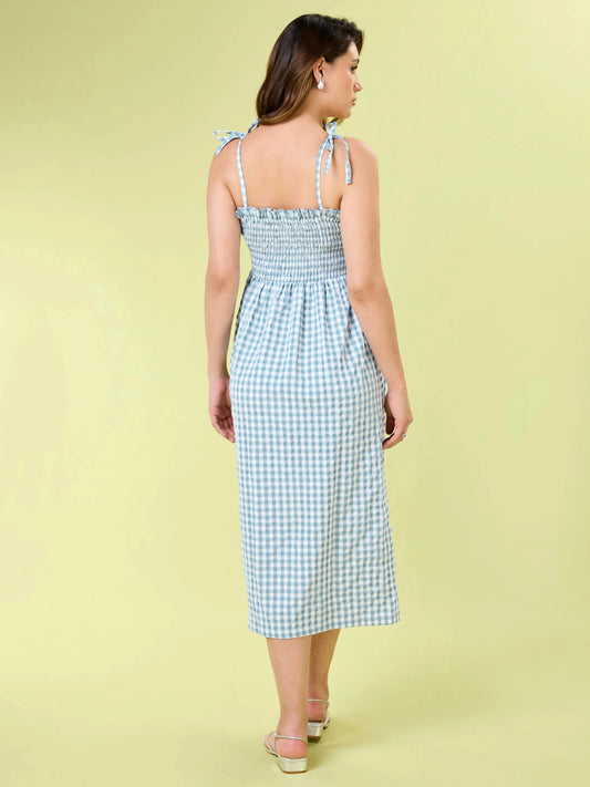 Cloud Check Sleeveless Blue Midi Dress Zumee