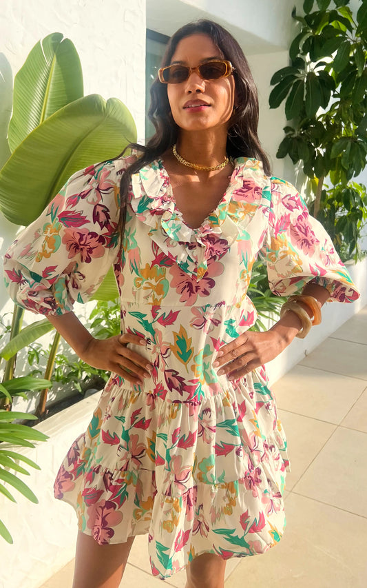 IS.U Floral Multicolor Puff Sleeve Mini Dress