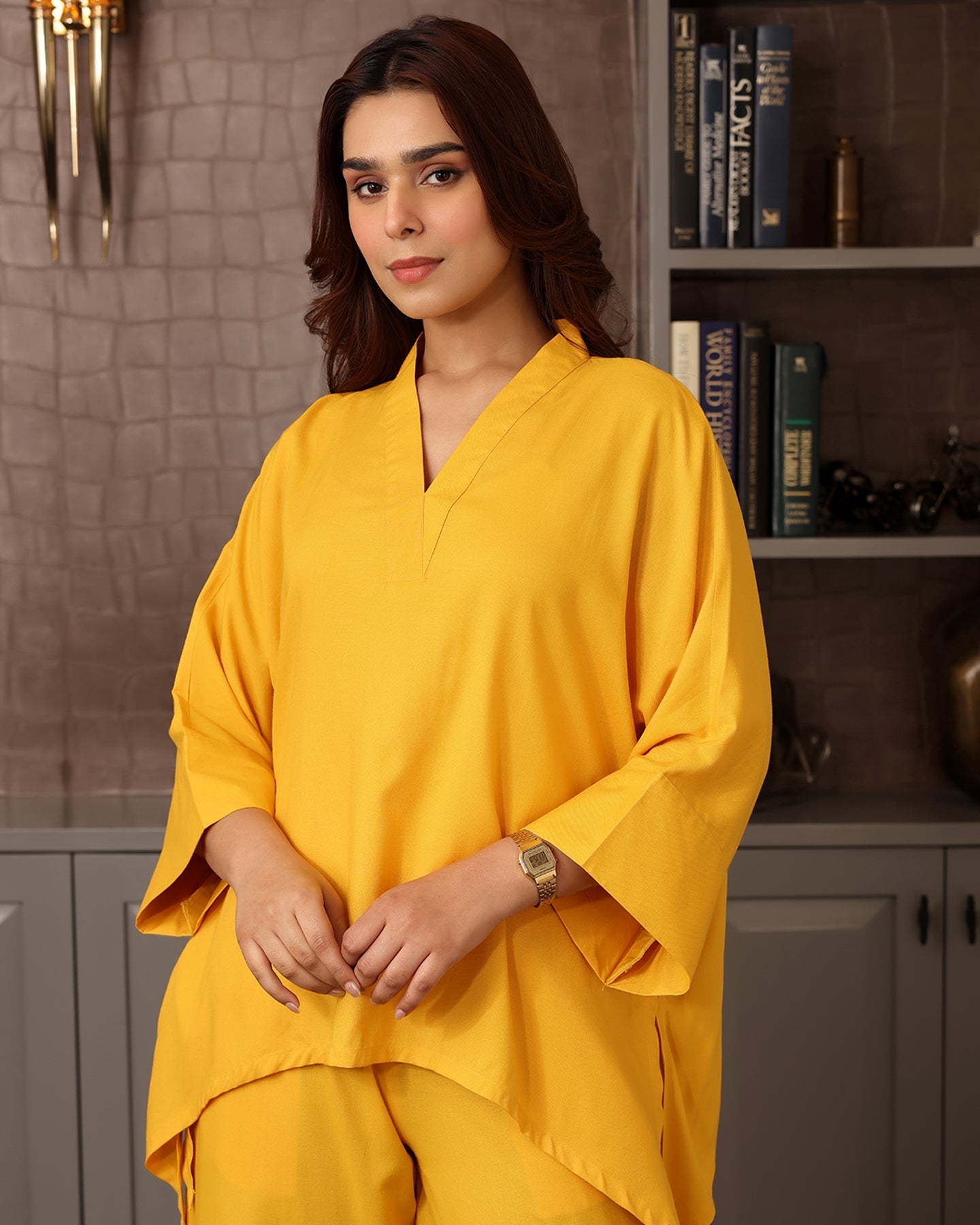 V-NECK YELLOW RAYON CO-ORD SET