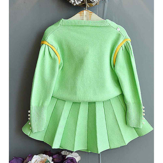 Mint Green V neck style 2 pcs, Skirt and Top Winterwear set for Girls