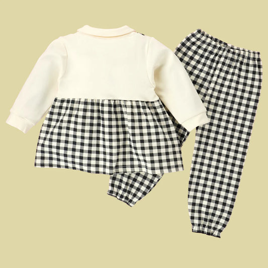 2pcs Black Checks Long Frock style Top with matching full Pants