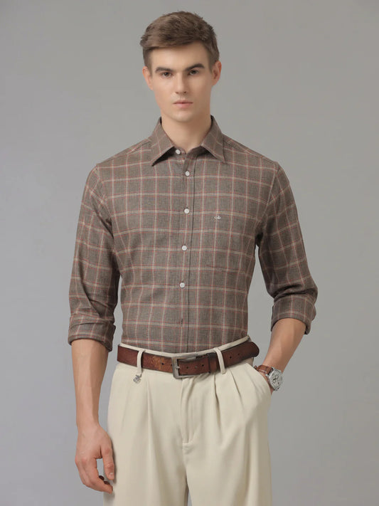 Men Regular Fit Check Brown Casual Linen Blend Shirt