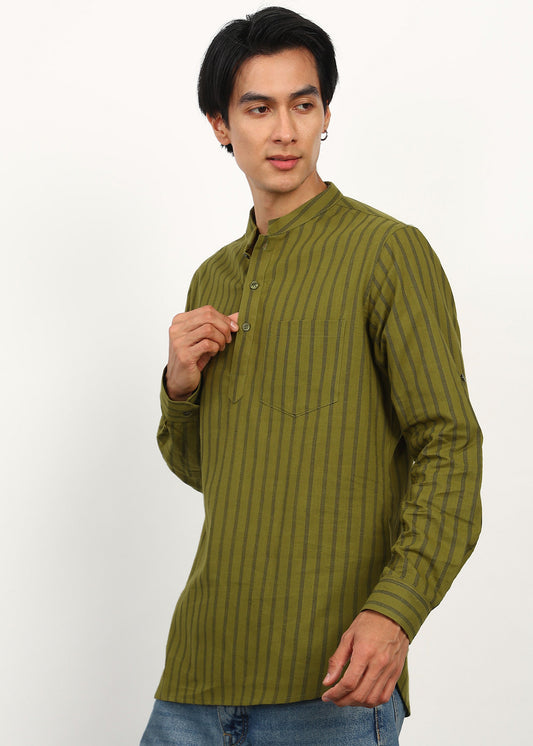 Fabmade Olive Stripe Linen Kurta