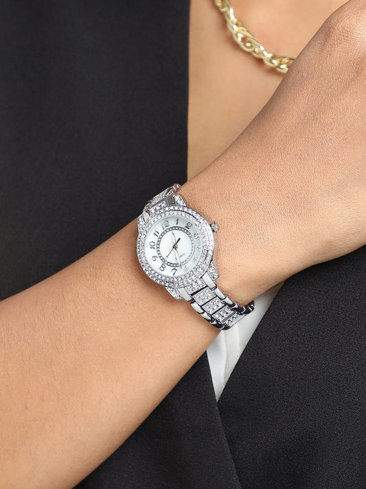 Embellished Round Watch - Silver