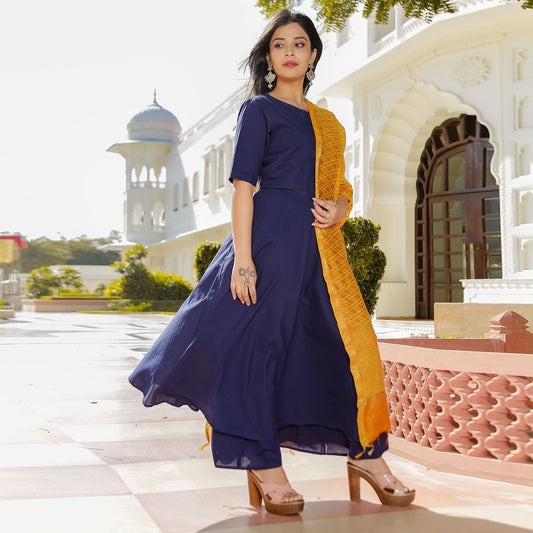 Blue Suit With Mustard Dupatta