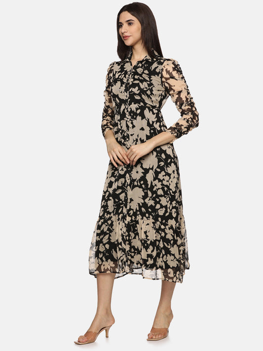Floral Black Midaxi Dress For Ladies