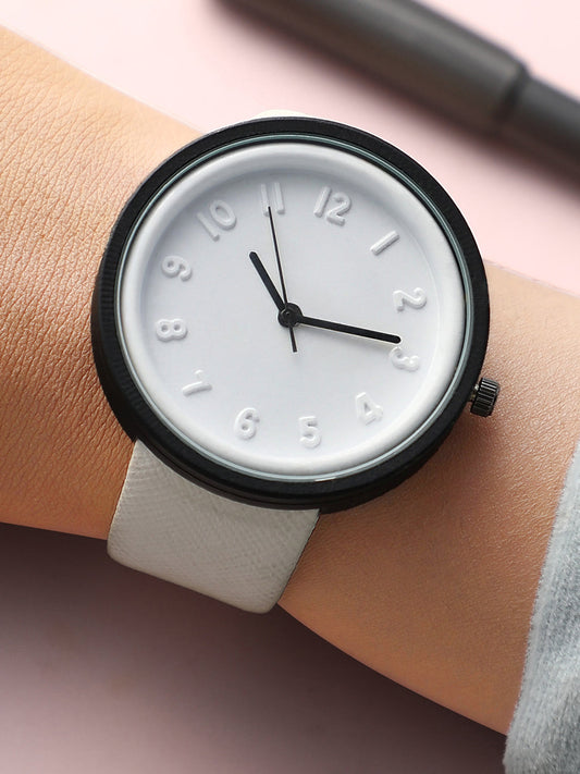 White & Black Analog Round Dial With Black Hour Marker & White Leather Strap