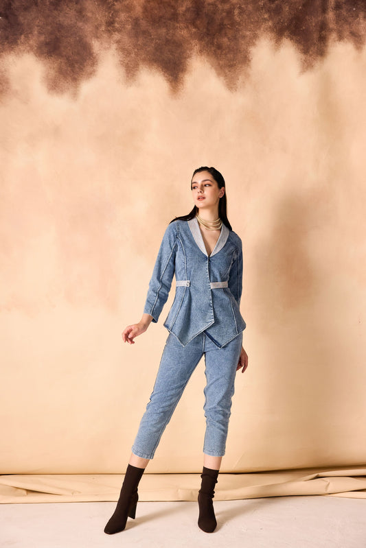 One Button Jacket & Pant Acid Washed Denim Co-Ord Set