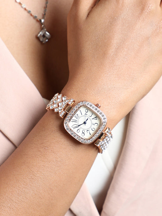 Embellished Square Watch - Rose Gold