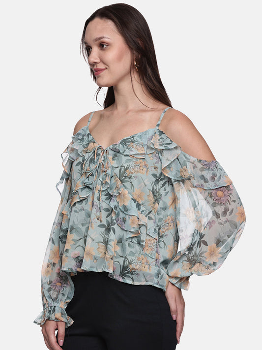 IS.U Floral Green Cold Shoulder Top