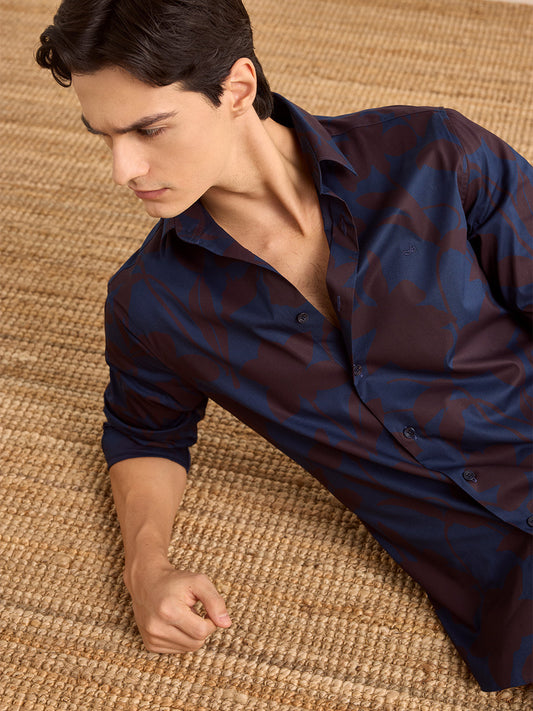 Navy Blue Regular Fit Printed Casual Poplin Shirt for Men (PISAL)